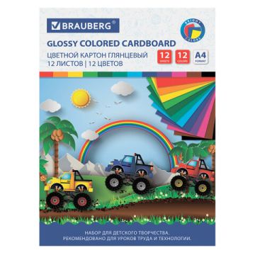 Цветной картон А4 12л 12цв 200х290мм в папке мелованный Гонки BRAUBERG 1/38