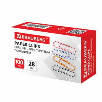 Скрепки 28мм 100 шт с цветными полосками BRAUBERG 1/20