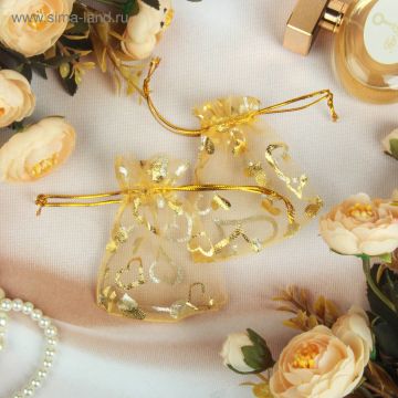 Подарочный мешок текстильный ОРГАНЗА Сердечки 7х9см золото 1/100