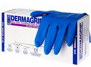 Перчатки смотровые нест сверхпрочные латекс синие Dermagrip powder free XL(9-10) 36гHigh Risk 25/250