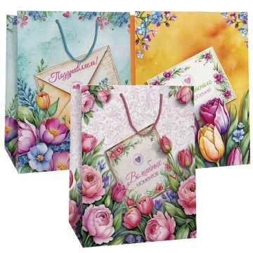 Пакет подарочный бумажный (18х23х10) ламинир Микс 3 дизайна 1/12/360