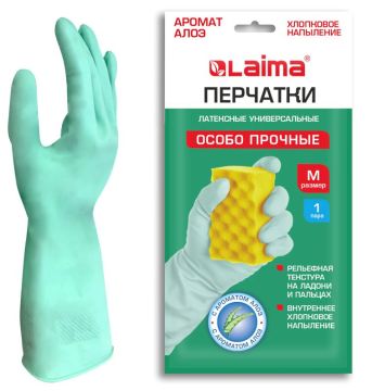 Перчатки хозяйственные латексные LAIMA многоразовые зеленые х/б напыление разм М 1/12/144