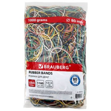 Резинка банк 1000гр 80мм натуральный каучук цветные BRAUBERG 1/20