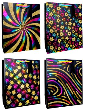 Пакет подарочный бумажный (18х23х10) Люкс с мульти-тиснением и блестками Яркий калейдоскоп 1/12