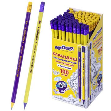 Карандаш ч/гр НВ пластиковый корпус ассорти с резинкой Юнландия 1/100