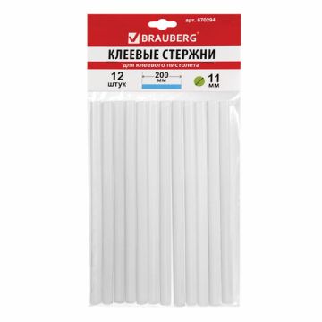 Клеевые стержни, диаметр 11мм, длина 200мм, прозрачные (12 шт) BRAUBERG 50/100