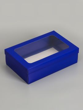 Коробка с окном 300х200х90мм картонная синяя 5/150