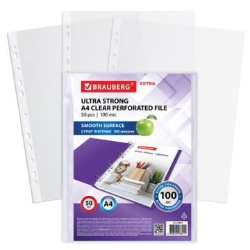 Перфофайлы А4 100мкм перфорированные  гладкие 50шт BRAUBERG 1/20