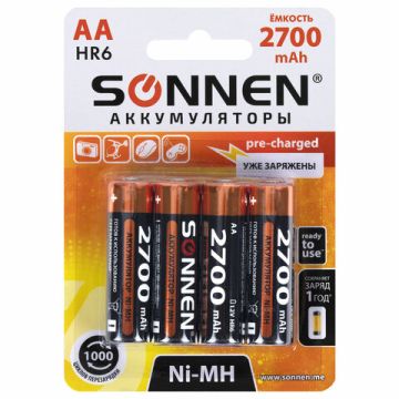 Батарейки КОМПЛЕКТ 4шт Ni-Mih SONNET 2700 mah пальчиковые AA 10/100 