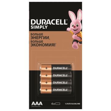 Элемент питания  alkaline DURACELL AAA, комплект 4 шт..(LR03.24А) ,1,5В 1/60 
