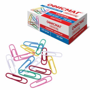 Скрепки 28мм 100шт цветные ОФИСМАГ 1/10/250