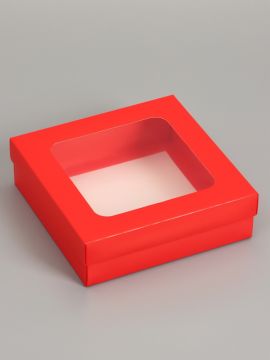 Коробка с окном 200х200х60мм картонная красная 5/275