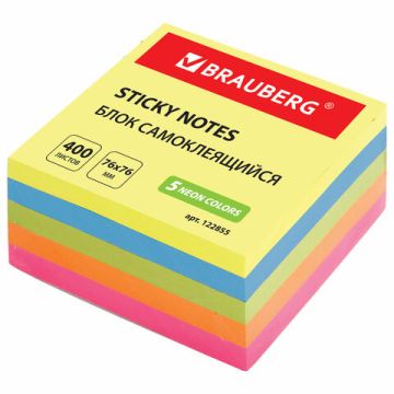 Блок самоклеящийся 76х76мм 400л 5цветов неон BRAUBERG 1/12/96