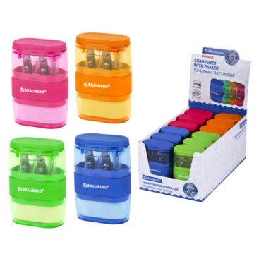 Точилка 2 отверстия 2в1 с ластиком ассорти BRAUBERG Double 1/12