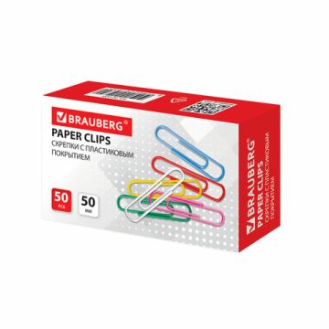 Скрепки 50 мм 50 шт цветные BRAUBERG в картонной коробке 1/10