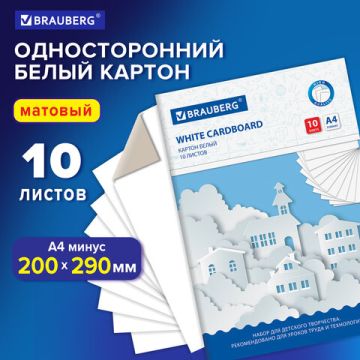 Белый картон 10л А4 немелованный в папке BRAUBERG Домики 1/50