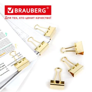 Зажимы для бумаг BRAUBERG EXTRA, КОМПЛЕКТ 12 шт, 32 мм, на 140 л, золотистые, европодвес 1/5/10