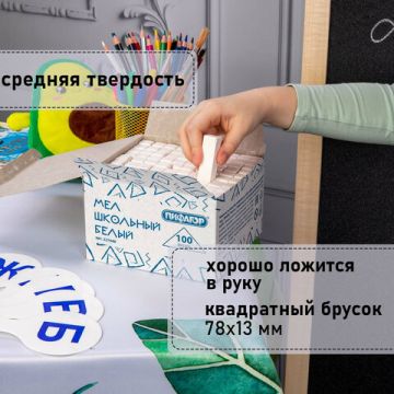Мелки школьные белые 100шт квадратные средней твердости Пифагор 100/800