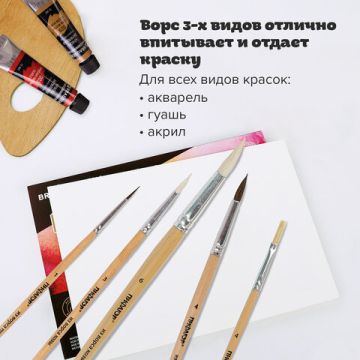 Кисти 5шт Пони круглые №1,4, Коза круглая №3,6, Щетина плоская №4 ПИФАГОР 1/12