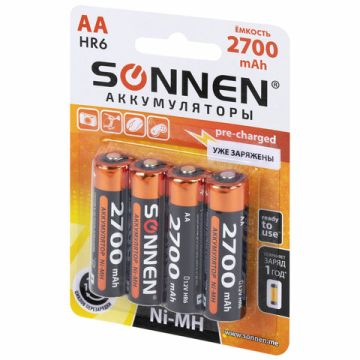 Батарейки КОМПЛЕКТ 4шт Ni-Mih SONNEN 2700 mah пальчиковые AA 10/100 (Клиент)