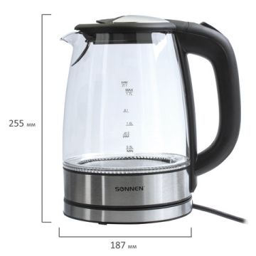 Чайник SONNEN KT-1788, 1,7 л, 2200 Вт, закрытый нагревательный элемент, стекло, черный, п (Клиент)