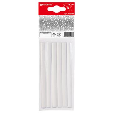 Клеевые стержни, диаметр 7 мм, длина 100 мм, прозрачные, комплект 6 шт., BRAUBERG 1/50/200