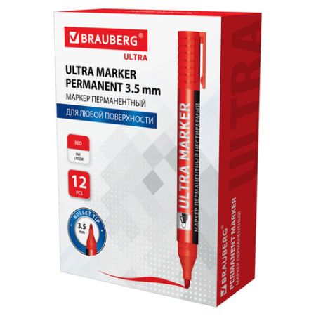 Маркер перманентный ULTRA MARKER, КРАСНЫЙ, 3,5 мм, с клипом, BRAUBERG 1/12 (Клиент)