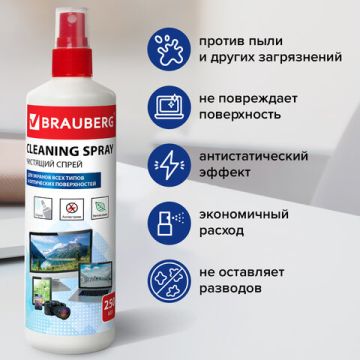 Чистящая жидкость-спрей BRAUBERG для экранов мониторов и оптич. поверх. 250 мл 1/24