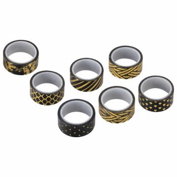 Клейкие WASHI-ленты д/декора с фольгой ЧЕРН ЗОЛОТО 15мм*3м 7шт рисов бумага ОСТРОВ СОКРОВИЩ