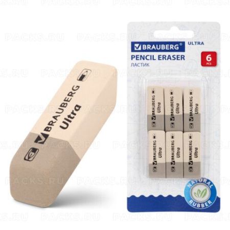 Ластик 41х14х8мм натуральный каучук серо-белый 6шт BRAUBERG 1/10