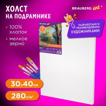 Холст на подрамнике BRAUBERG ART DEBUT 30х40см грунтованный 100% хлопок мелкое зерно 1/1 (Клиент)
