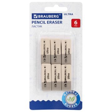 Ластик 41х14х8мм натуральный каучук серо-белый 6шт BRAUBERG 1/10