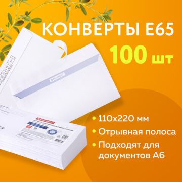 Конверты Е65 110х220мм отрывная полоса STRIP Куда-Кому внутр.запечатка BRAUBERG 100/1000