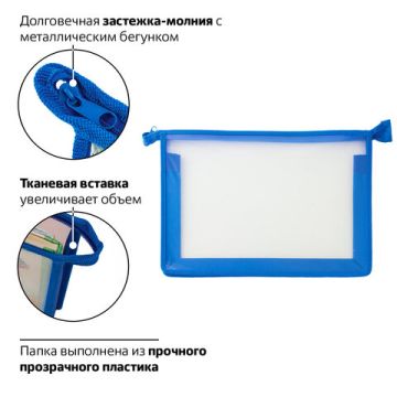 Папка для тетрадей А4 пластик молния сверху прозрачная синяя Пифагор 1/25