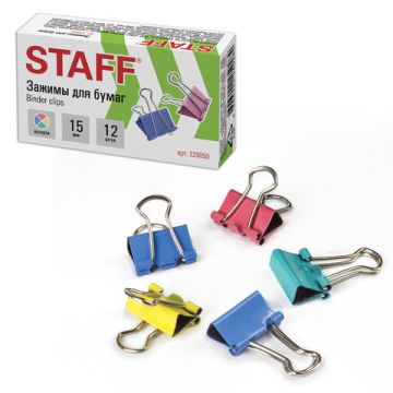 Зажимы для бумаг 15мм на 45л (12шт) цветные в картонной коробке Staff 1/12/360