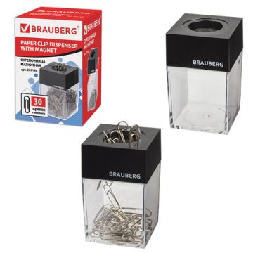 Скрепки с диспенсером магнитным 30шт черная крышка BRAUBERG 1/12/180