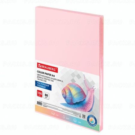 Бумага А4 100л 80г/м2 пастель розовая BRAUBERG 1/10