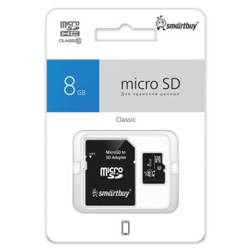 Карта памяти micro SDHC 8GB SMARTBUY 10 Мб/сек (class 10) с адаптером SB8GBSDCL10-01 1/210 (Под зака